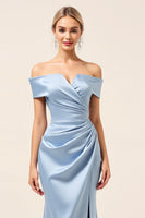 Load image into Gallery viewer, Sky Blue Satin Off the Shoulder Mermaid Maxi Bridesmaid Dress with Slit