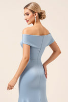 Load image into Gallery viewer, Sky Blue Satin Off the Shoulder Mermaid Maxi Bridesmaid Dress with Slit