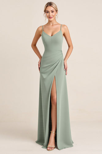 Matcha Sheath Maxi Spaghetti Straps Bridesmaid Dress With Slit