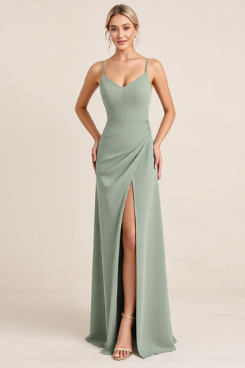 Matcha Sheath Maxi Spaghetti Straps Bridesmaid Dress With Slit