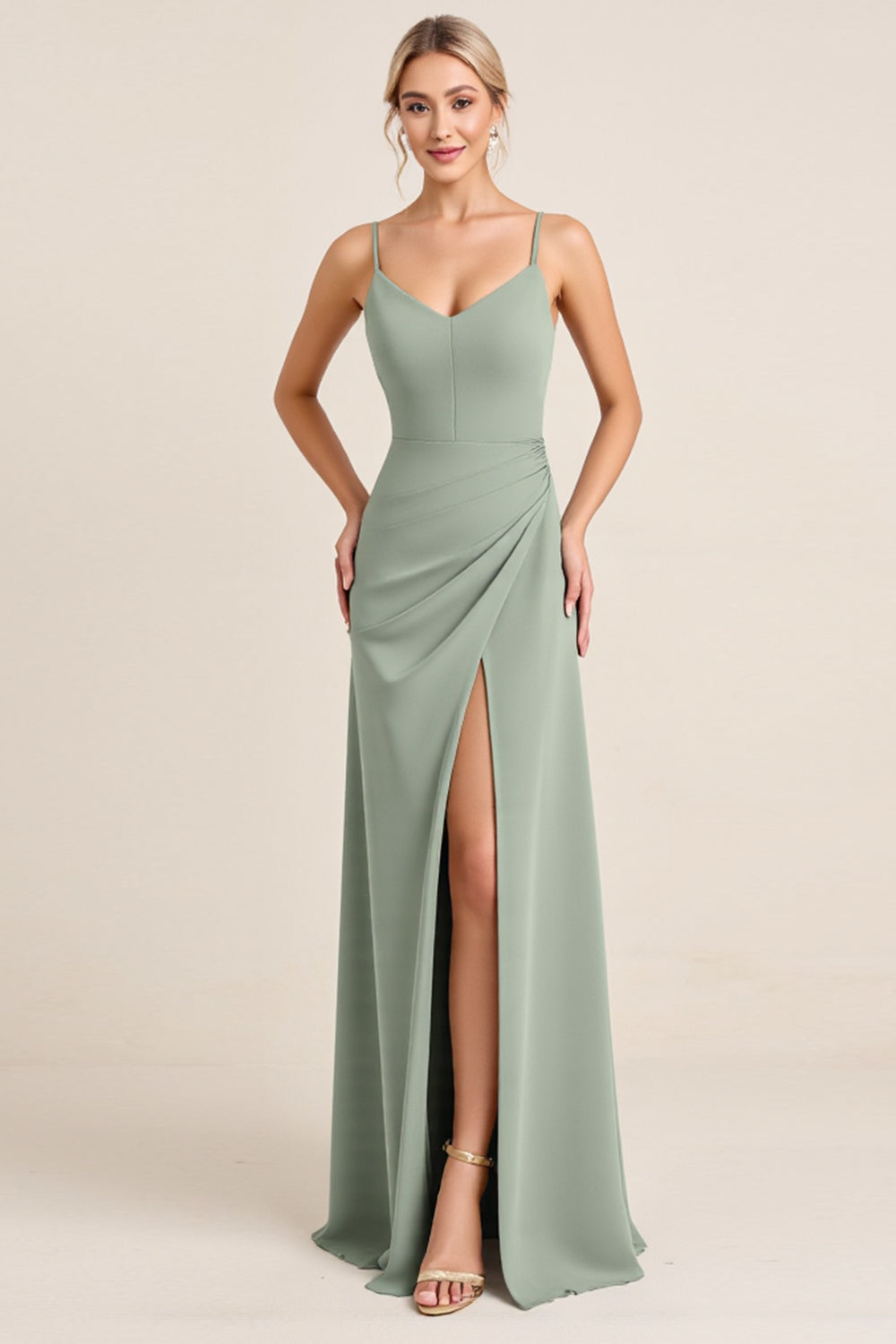 Matcha Sheath Maxi Spaghetti Straps Bridesmaid Dress With Slit