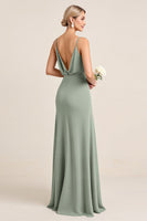 Load image into Gallery viewer, Matcha Sheath Maxi Spaghetti Straps Bridesmaid Dress With Slit