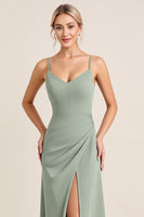 Load image into Gallery viewer, Matcha Sheath Maxi Spaghetti Straps Bridesmaid Dress With Slit