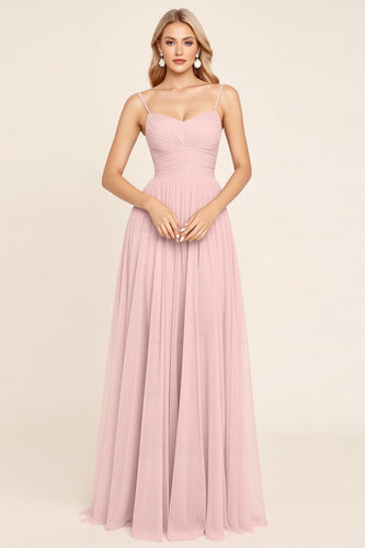 Candy Pink Spaghetti Straps A Line Maxi Bridesmaid Dress