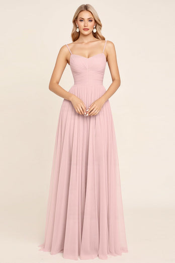 Candy Pink Spaghetti Straps A Line Maxi Bridesmaid Dress