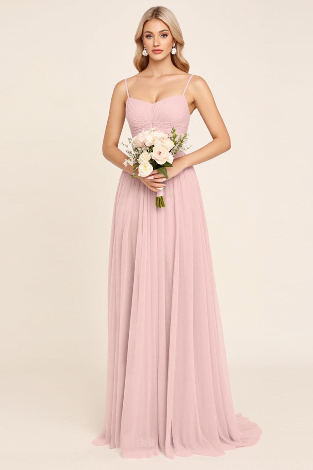 Candy Pink Spaghetti Straps A Line Maxi Bridesmaid Dress