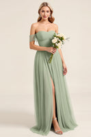 Load image into Gallery viewer, Matcha Chiffon A Line Off the Shoulder Maxi Bridesmaid Dress with Slit