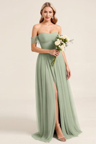Matcha Chiffon A Line Off the Shoulder Maxi Bridesmaid Dress with Slit