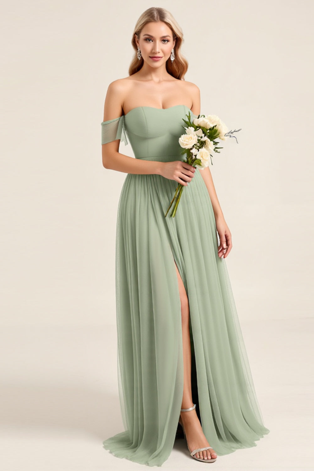 Matcha Chiffon A Line Off the Shoulder Maxi Bridesmaid Dress with Slit