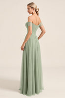 Load image into Gallery viewer, Matcha Chiffon A Line Off the Shoulder Maxi Bridesmaid Dress with Slit