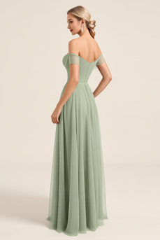 Matcha Chiffon A Line Off the Shoulder Maxi Bridesmaid Dress with Slit