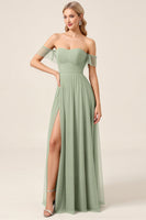Load image into Gallery viewer, Matcha Chiffon A Line Off the Shoulder Maxi Bridesmaid Dress with Slit