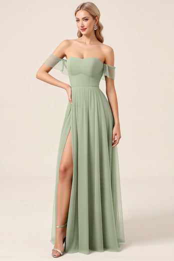 Matcha Chiffon A Line Off the Shoulder Maxi Bridesmaid Dress with Slit