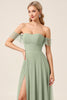 Load image into Gallery viewer, Matcha Chiffon A Line Off the Shoulder Maxi Bridesmaid Dress with Slit