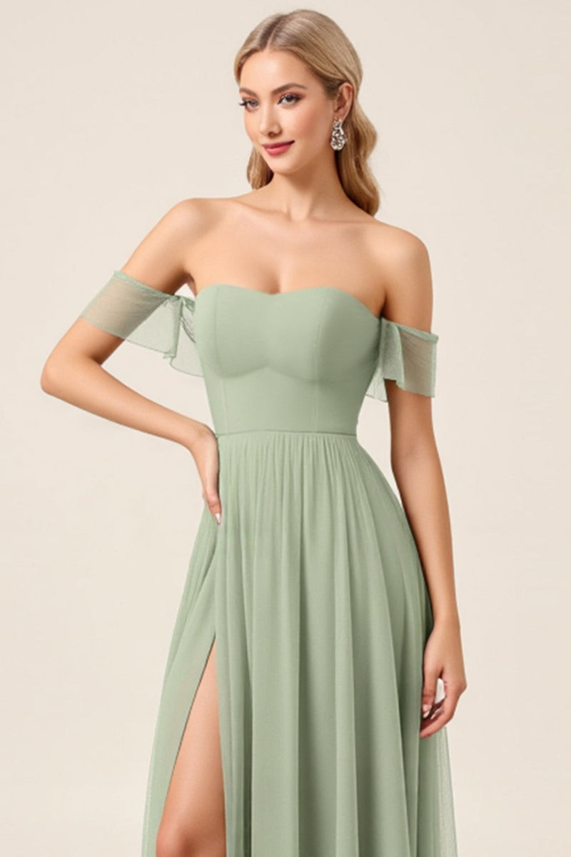 Load image into Gallery viewer, Matcha Chiffon A Line Off the Shoulder Maxi Bridesmaid Dress with Slit