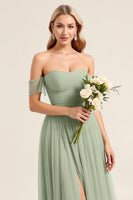 Load image into Gallery viewer, Matcha Chiffon A Line Off the Shoulder Maxi Bridesmaid Dress with Slit