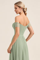 Load image into Gallery viewer, Matcha Chiffon A Line Off the Shoulder Maxi Bridesmaid Dress with Slit