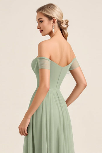 Matcha Chiffon A Line Off the Shoulder Maxi Bridesmaid Dress with Slit