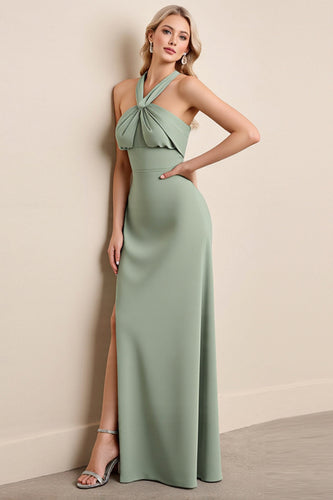 Matcha Sheath Halter Maxi Bridesmaid Dress with Slit