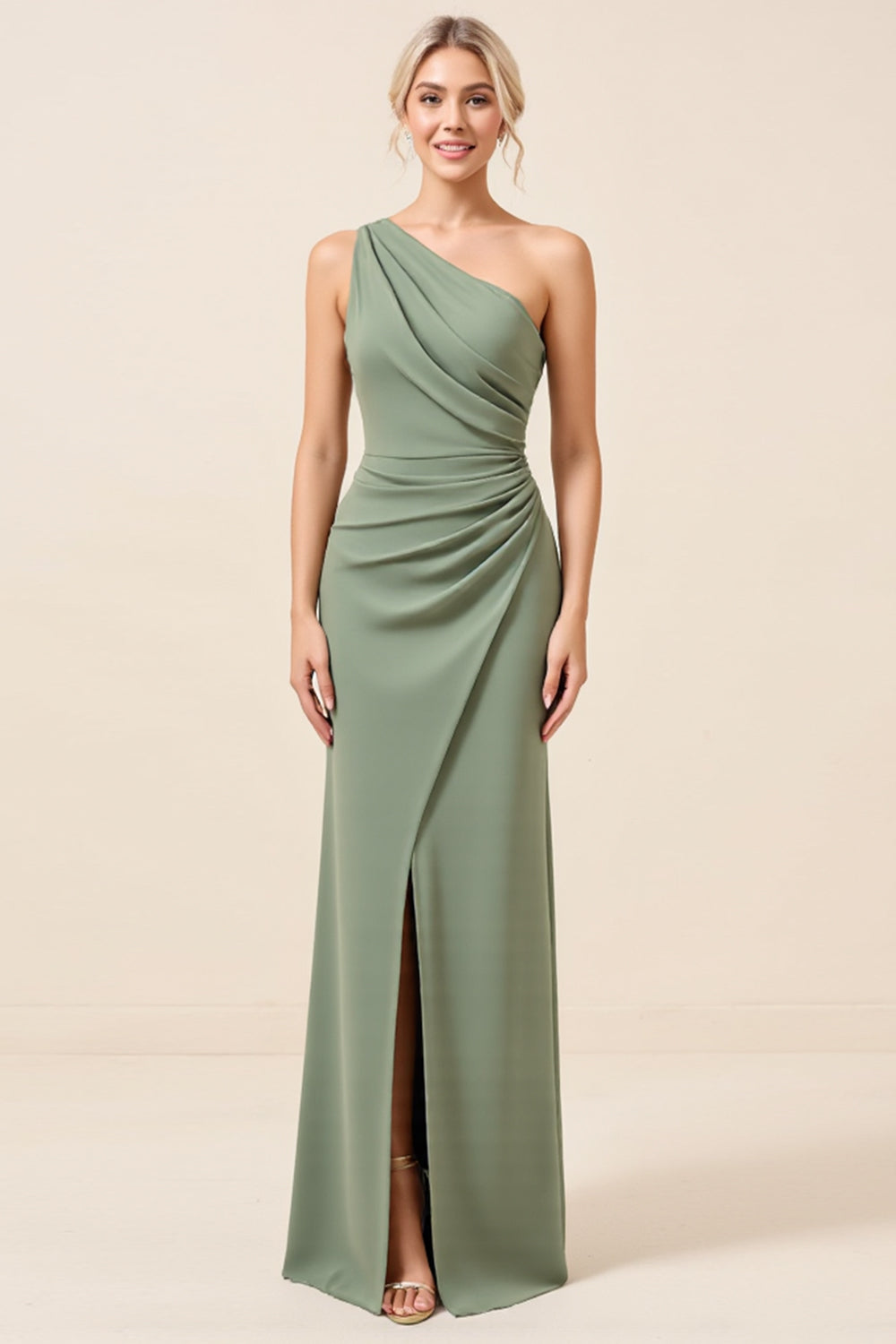 Matcha Maxi Sheath One Shoulder Bridesmaid Dress with Slit