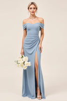 Load image into Gallery viewer, Dusty Blue Sheath Maxi Off the Shoulder Bridesmaid Dress With Slit