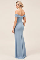 Load image into Gallery viewer, Dusty Blue Sheath Maxi Off the Shoulder Bridesmaid Dress With Slit