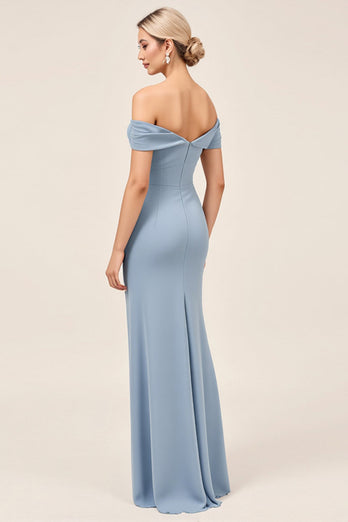 Dusty Blue Sheath Maxi Off the Shoulder Bridesmaid Dress With Slit