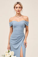 Load image into Gallery viewer, Dusty Blue Sheath Maxi Off the Shoulder Bridesmaid Dress With Slit