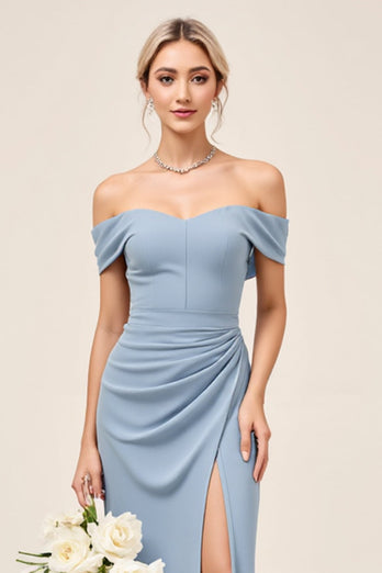 Dusty Blue Sheath Maxi Off the Shoulder Bridesmaid Dress With Slit