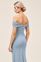 Load image into Gallery viewer, Dusty Blue Sheath Maxi Off the Shoulder Bridesmaid Dress With Slit