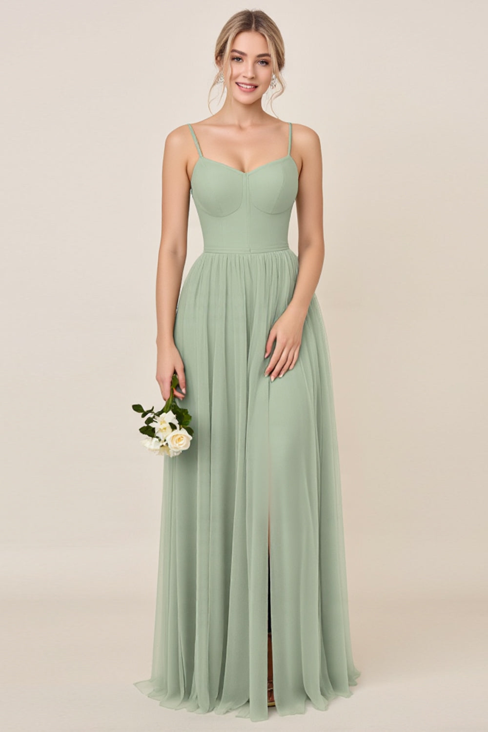 Matcha A Line Maxi Spaghetti Straps Bridesmaid Dress with Slit