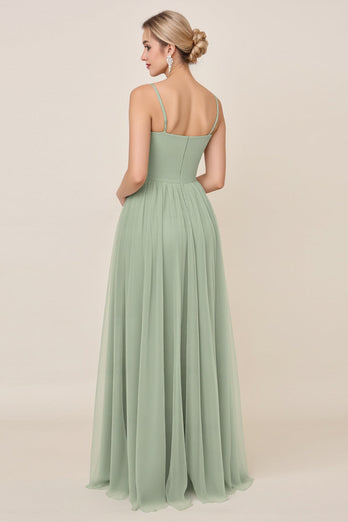Matcha A Line Maxi Spaghetti Straps Bridesmaid Dress with Slit