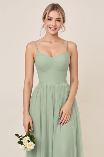 Matcha A Line Maxi Spaghetti Straps Bridesmaid Dress with Slit