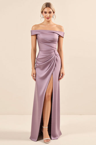 Vintage Mauve Satin Sheath Maxi Off the Shoulder Bridesmaid Dress with Slit