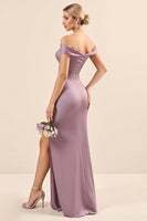 Load image into Gallery viewer, Vintage Mauve Satin Sheath Maxi Off the Shoulder Bridesmaid Dress with Slit