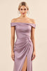 Load image into Gallery viewer, Vintage Mauve Satin Sheath Maxi Off the Shoulder Bridesmaid Dress with Slit