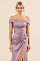 Load image into Gallery viewer, Vintage Mauve Satin Sheath Maxi Off the Shoulder Bridesmaid Dress with Slit