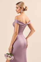 Load image into Gallery viewer, Vintage Mauve Satin Sheath Maxi Off the Shoulder Bridesmaid Dress with Slit