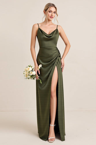 Olive Satin Spaghetti Straps Sheath Maxi Bridesmaid Dress with Slit