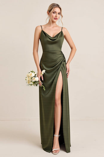 Olive Satin Spaghetti Straps Sheath Maxi Bridesmaid Dress with Slit