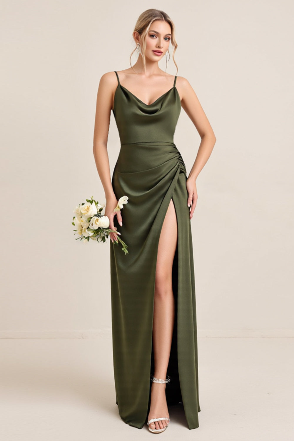 Olive Satin Spaghetti Straps Sheath Maxi Bridesmaid Dress with Slit