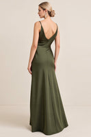 Load image into Gallery viewer, Olive Satin Spaghetti Straps Sheath Maxi Bridesmaid Dress with Slit