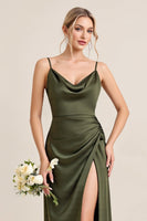 Load image into Gallery viewer, Olive Satin Spaghetti Straps Sheath Maxi Bridesmaid Dress with Slit