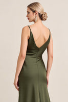 Load image into Gallery viewer, Olive Satin Spaghetti Straps Sheath Maxi Bridesmaid Dress with Slit