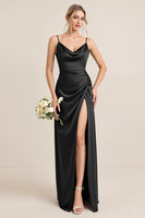 Load image into Gallery viewer, Olive Satin Spaghetti Straps Sheath Maxi Bridesmaid Dress with Slit