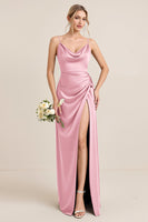 Load image into Gallery viewer, Olive Satin Spaghetti Straps Sheath Maxi Bridesmaid Dress with Slit