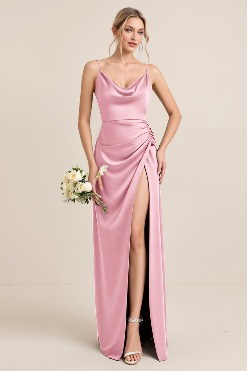 Load image into Gallery viewer, Olive Satin Spaghetti Straps Sheath Maxi Bridesmaid Dress with Slit