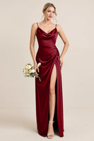 Load image into Gallery viewer, Olive Satin Spaghetti Straps Sheath Maxi Bridesmaid Dress with Slit