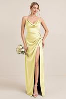 Load image into Gallery viewer, Olive Satin Spaghetti Straps Sheath Maxi Bridesmaid Dress with Slit