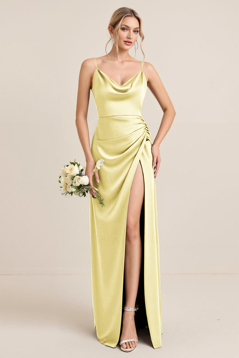 Load image into Gallery viewer, Olive Satin Spaghetti Straps Sheath Maxi Bridesmaid Dress with Slit